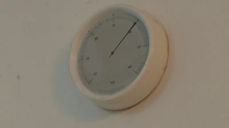 A round dial thermostat on a cream plaster wall, its single needle pointing up past the top of the scale